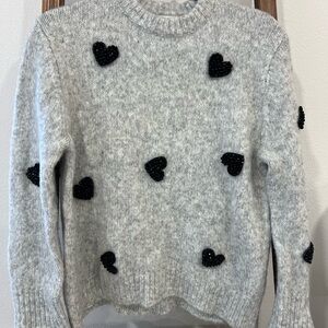 Zara Light Gray Crewneck Sweater with Black Beaded Hearts